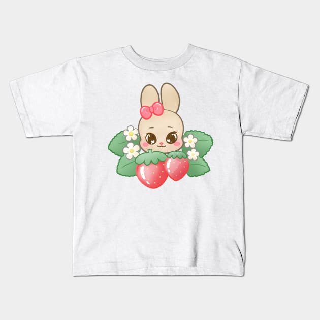 Kawaii Strawberry Bunny Kids T-Shirt by Kittykaya